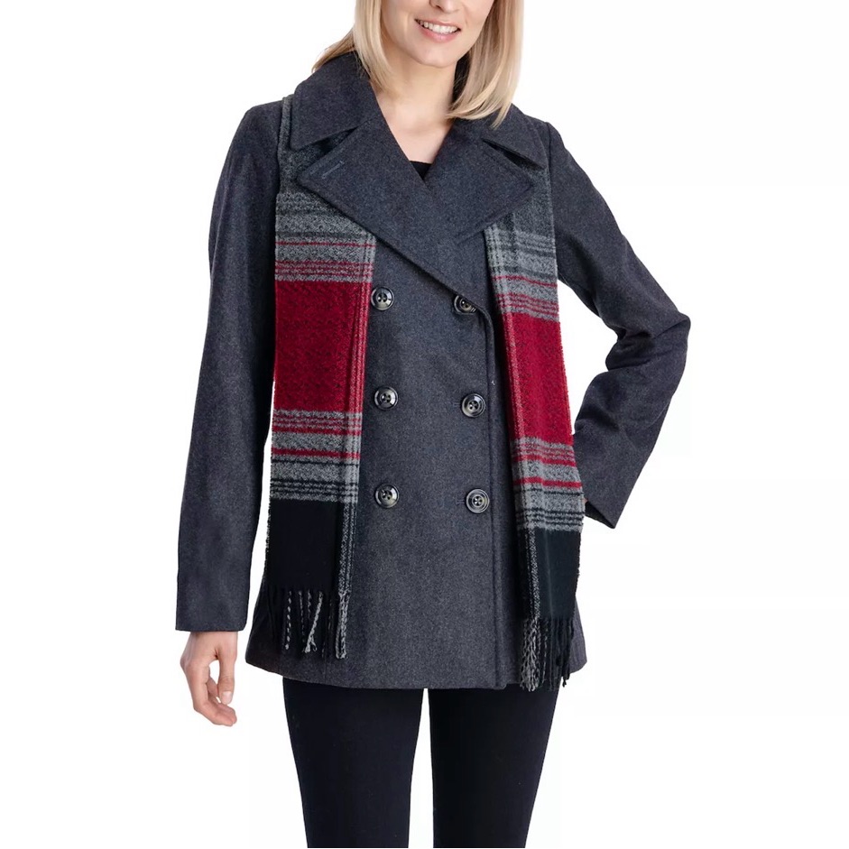 Tower London Fog Classic Wool-Blend Pea Coat Dark Gray Double-Breasted Dressy M